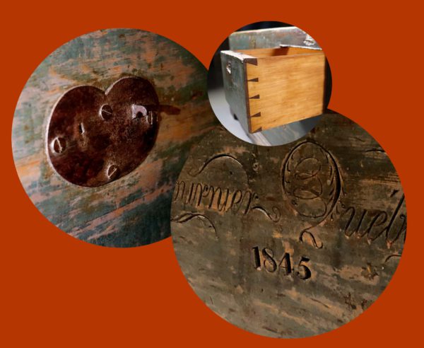 There are three images: a close-up on a broken handle, an inscription on the front of the trunk, and an opened drawer. 