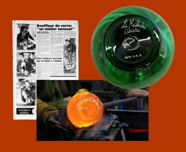 There are three images: an article on glassblowing, a glassblower working on a piece, and a bottle with the artist’s seal.