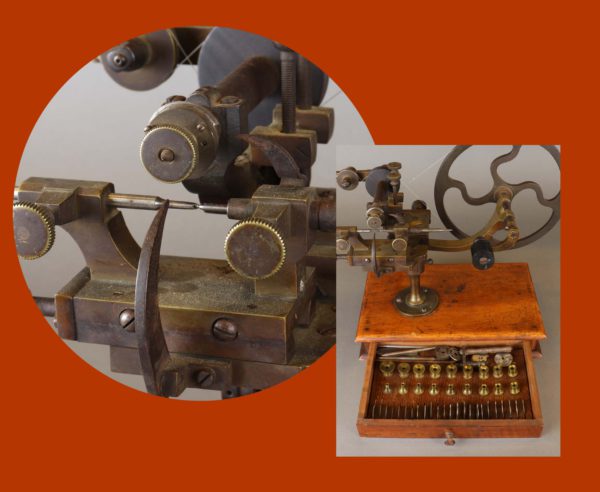 There are two images: a rounding machine and the opened base of the machine showing golden coils and needles.