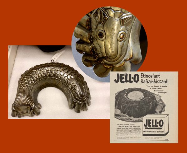 There are three images: a fish-shaped mold, a close-up on the fish’s head, and a Jell-O ad from the 1950s.