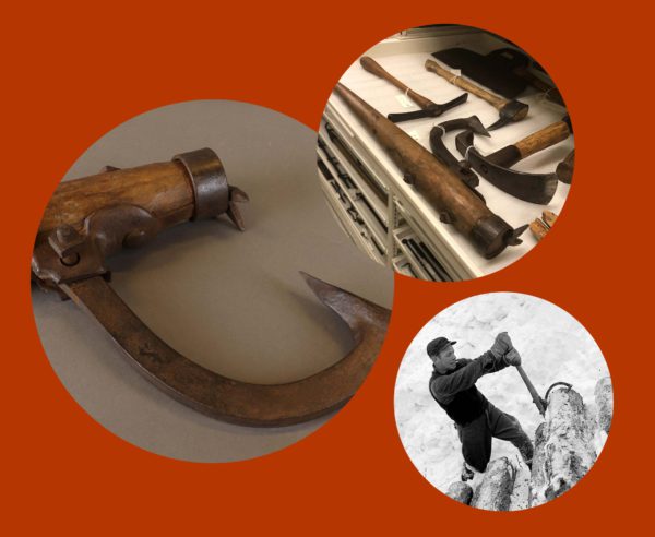 There are three images: a close-up of the log hook, a drawer with a few tools, and a worker using a log hook.
