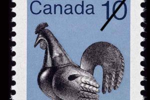 This 10-cent Canadian stamp is dated 1982. It shows a gray metal weather vane on a blue background.
